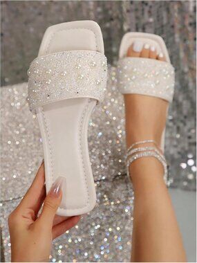 🆕Women White Sequins Sparkly Flat Sandals Dressy Open Toe Glitter Shiny Slipper